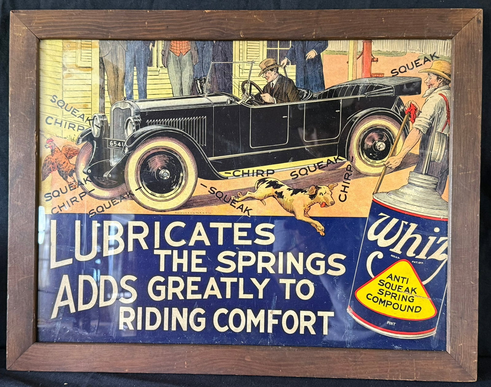 Whiz Anti Squeak Lubricates Springs Cardboard Rooster Sign: This is not one you ever have the opportunity to buy. Incredible late 1910s to early 1920s Whiz sign that measures 22.5" x 17.5" in the frame overall.