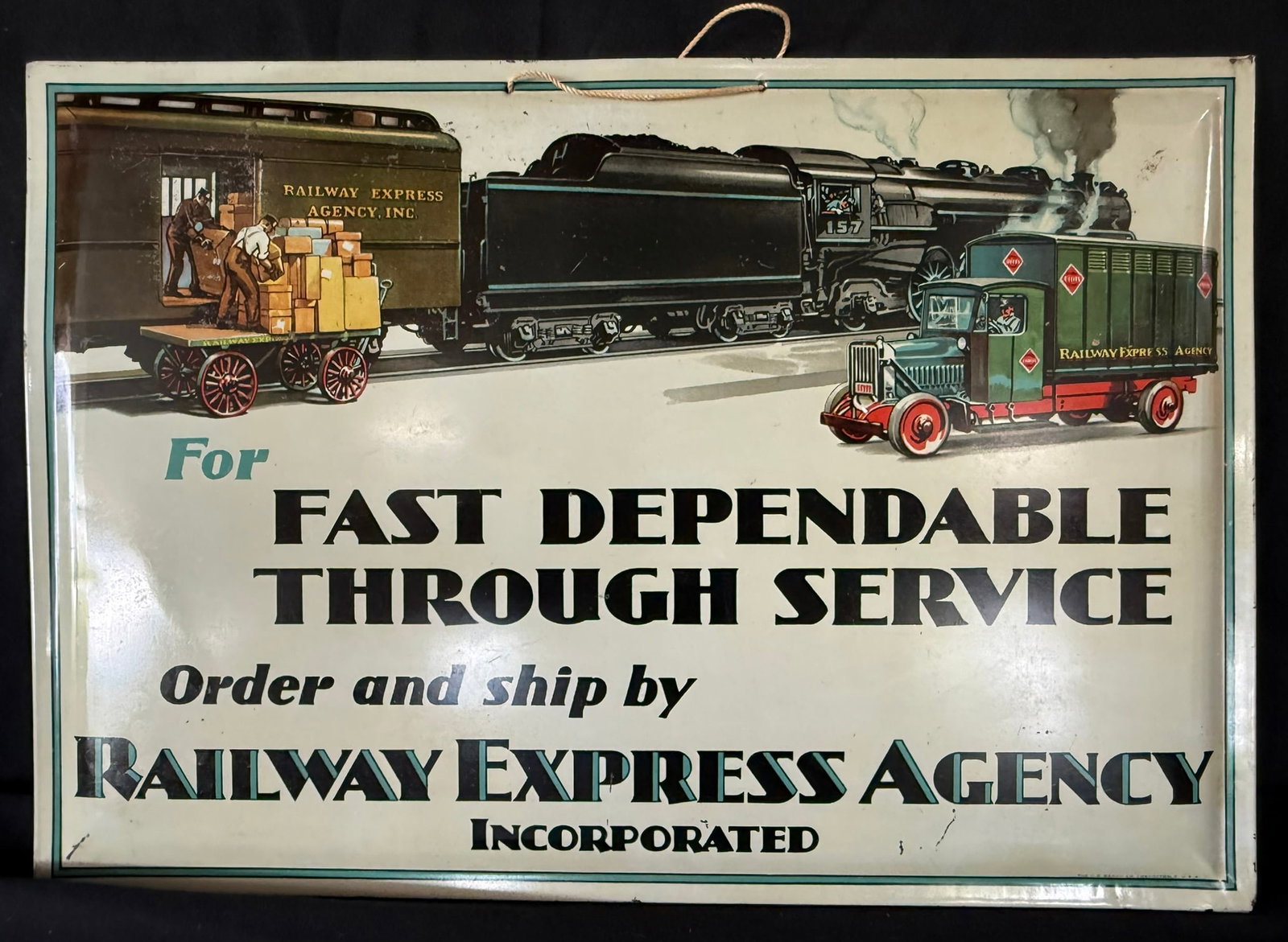Railway Express Agency Tin Over Cardboard TOC Service Sign: Appears NOS - minimal wear, great gloss & incredible colors. Measures 27" x 18"