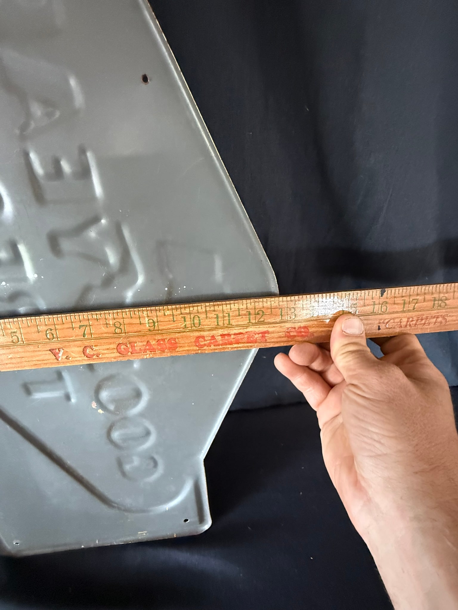 Goodyear Tires Tire Battery Service Embossed SST Metal Sign: Marked on the bottom "property of the goodyear tire & rubber company" and "a-m 6-59" - overall measures 35.5" wide x 13" tall