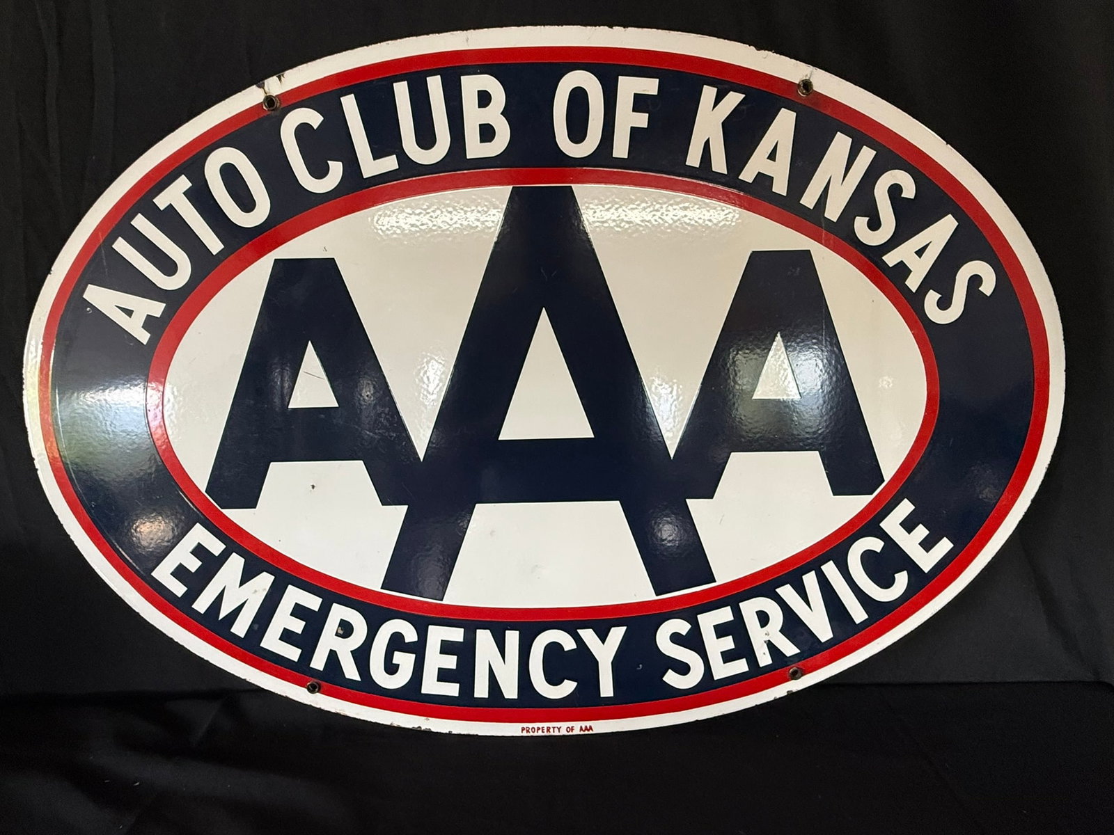AAA Auto Club Of Kansas Emergency Service DSP Porcelain Sign: Measures roughly 36" x 24" - great original color and gloss.