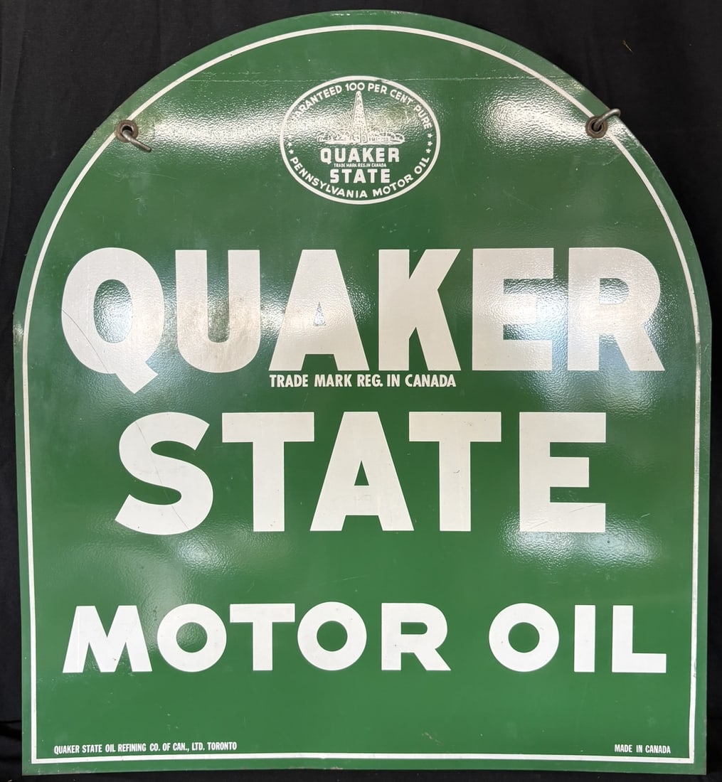 Quaker State Tombstone DST Painted Metal Canada Gas Sign: Beautiful sign overall. 29" tall x 26.5" wide