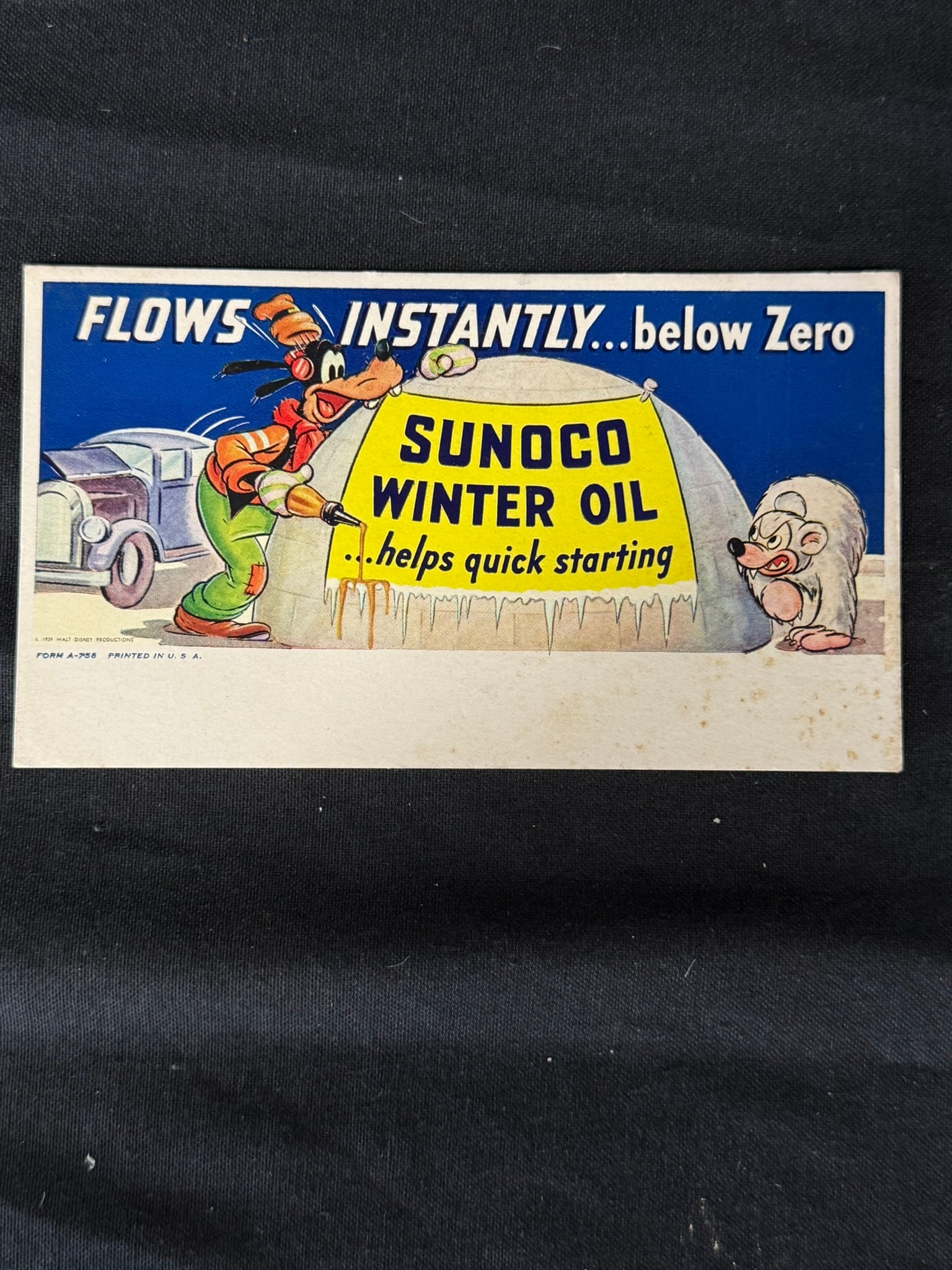 Sunoco Winter Oil Flows Below Zero Goofy 1939 Ink Blotter: 7" x 4"