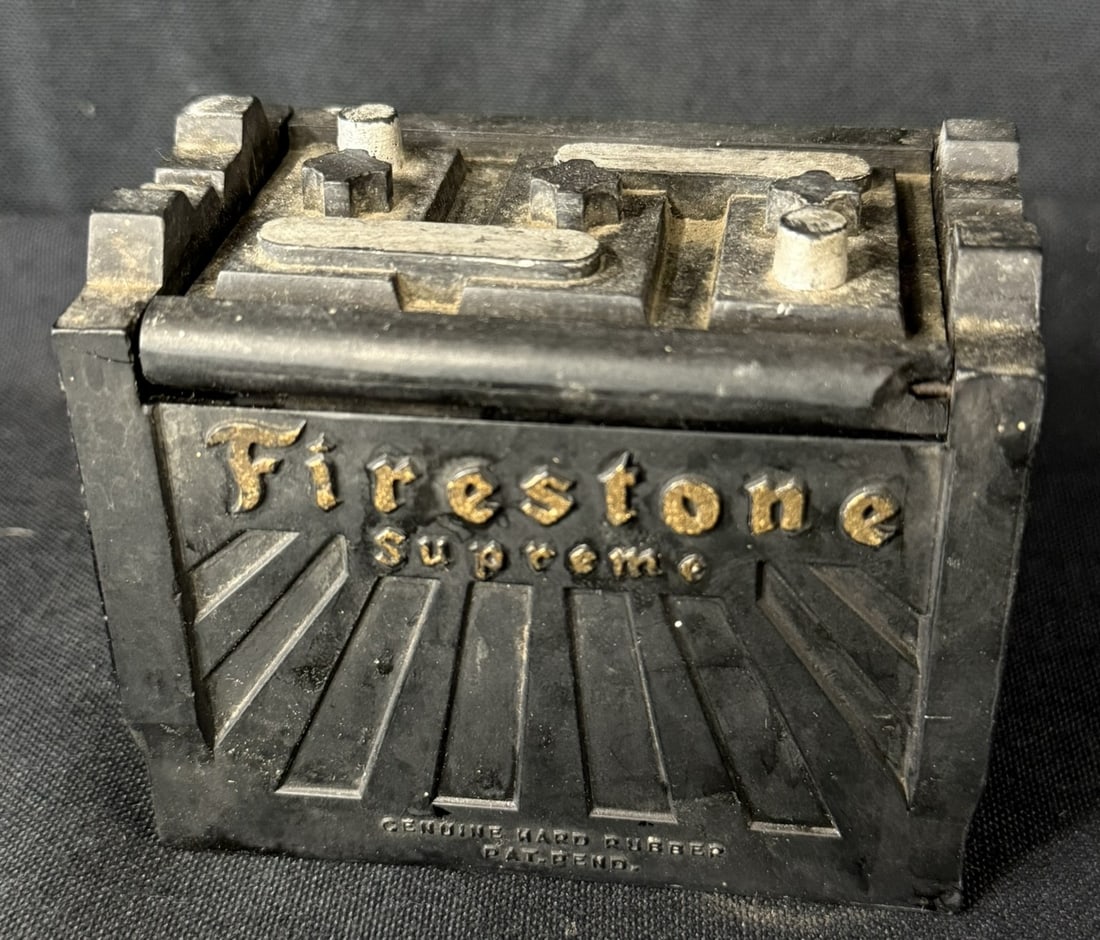 Firestone Supreme Rubber Battery Salesman Sample Hinged Lid: 3.5" x 2.25" x 2.75" tall