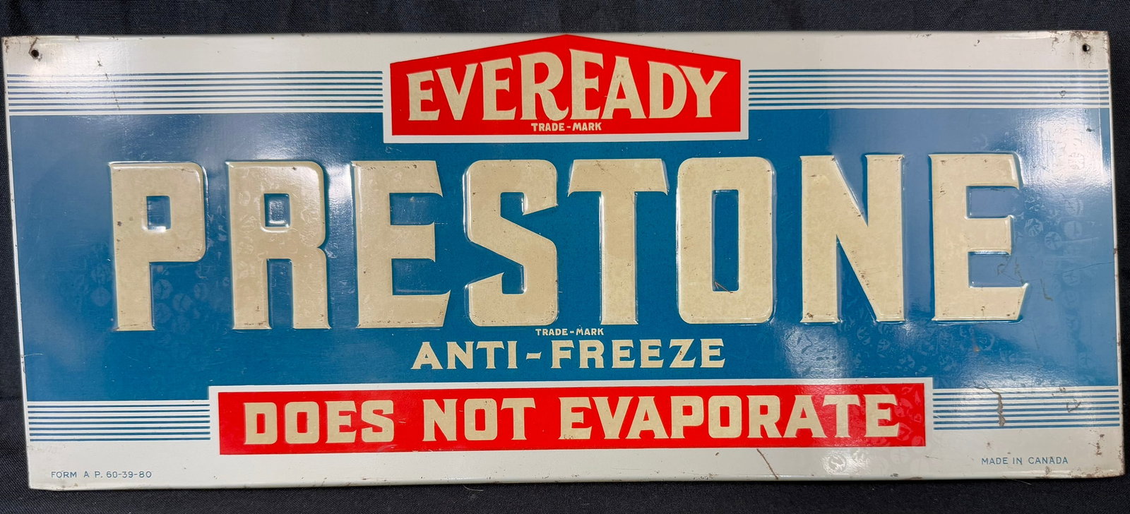 Eveready Prestone Anti Freeze Embossed Rack Topper Sign: TAC 501627 - 21" x 8.5"