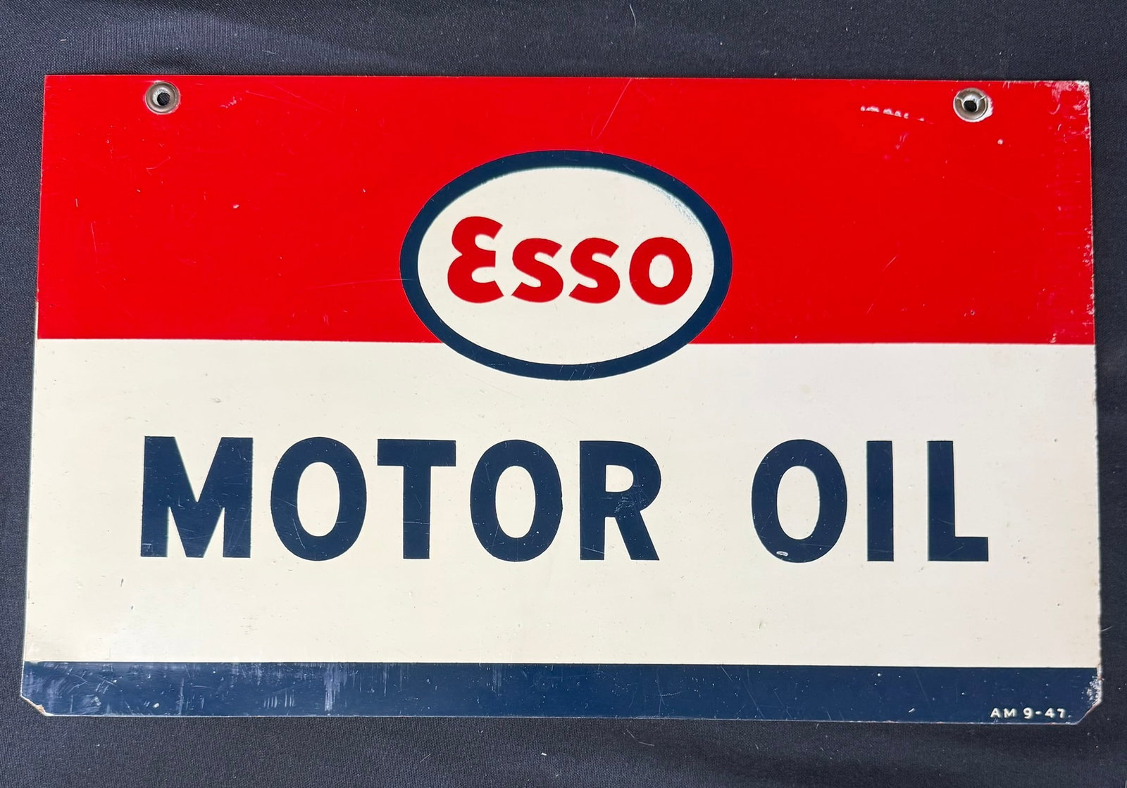 ESSO Motor Oil DST Hanging Painted Service Station Sign: Marked AM 9-47 17.5" x 10.75"