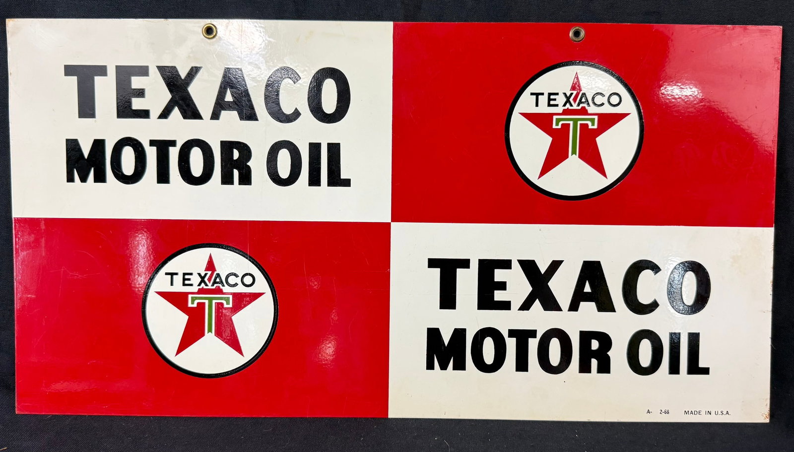Texaco Motor Oil DST Painted Metal Hanging Advertising Sign: Marked A- 2-68 & Made In U.S.A. - measures 21.5" x 11"