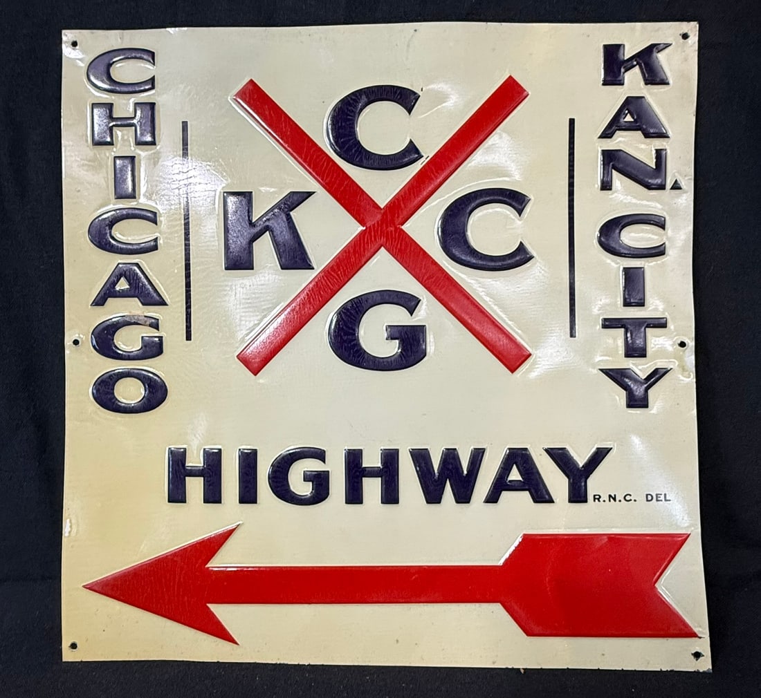 Chicago Kansas KCCG Embossed NOS Highway w/ Arrow 12" Sign: 12" x 12" - NOS w/ original rice paper remnants.