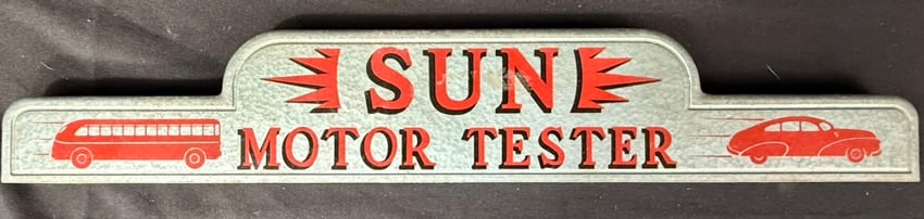 Sun Motor Tester Original Cast Aluminum Machine Topper Sign: 23.75" x 4"