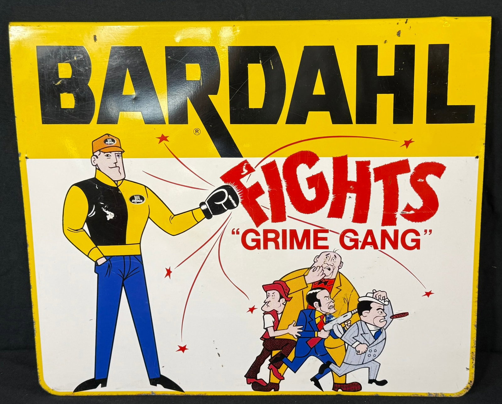 Bardahl Fights Grime Gang SST Painted Metal Advertising Sig: 20" x 17" tall