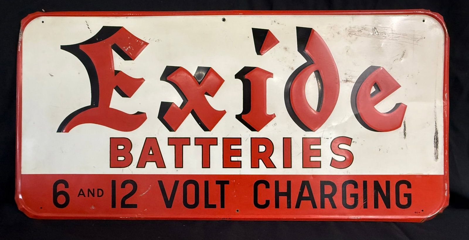 Exide Batteries 6 & 12 Volt Charging Embossed SST Metal Sign: TAC 401304 - Measures 14" x 29"