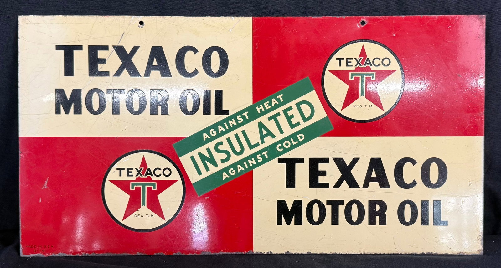 Texaco Motor Oil Insulated DST Painted Metal Hanging Sign: 21.5" x 11" - marked Made in USA and B-1-41