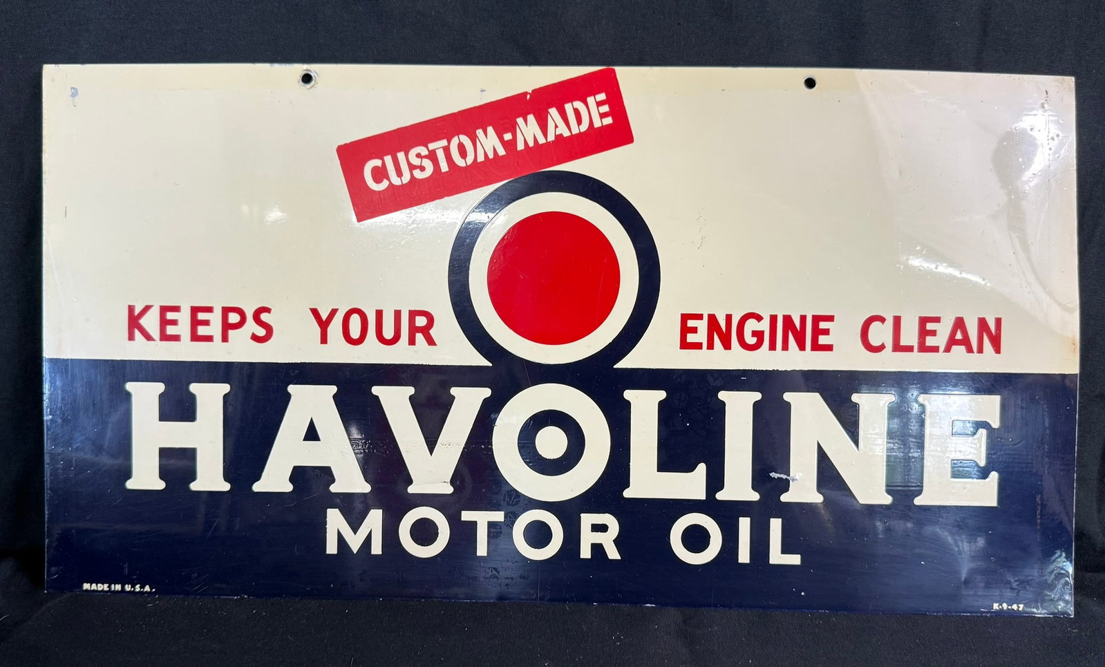 Havoline Red Dot Motor Oil DST Painted Metal Hanging Sign: Measures 21.5" x 11.25"