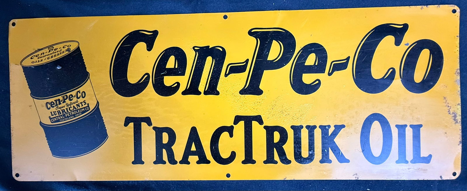 Cen-Pe-Co Trac Truk SST Oil Barrel Tin Service Station Sign: 24" x 8.5"