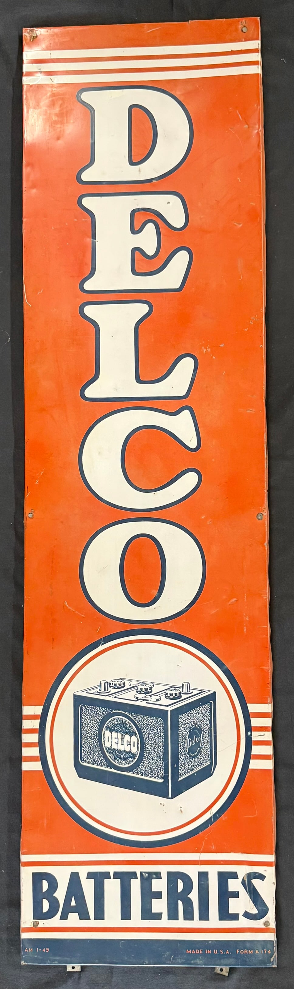 Delco Batteries SST Painted Tin Metal Service Station Sign: 70.5" x 18.5"