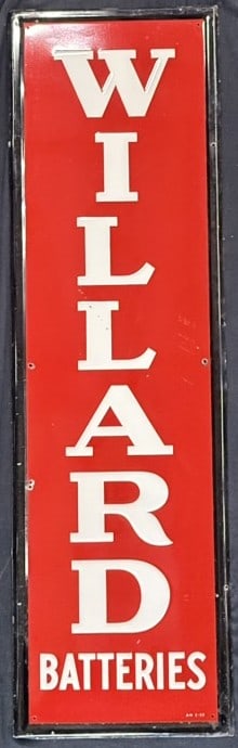 Willard Batteries SST Embossed Painted Metal Vertical Sign: Marked A-M 3-53 on bottom right
