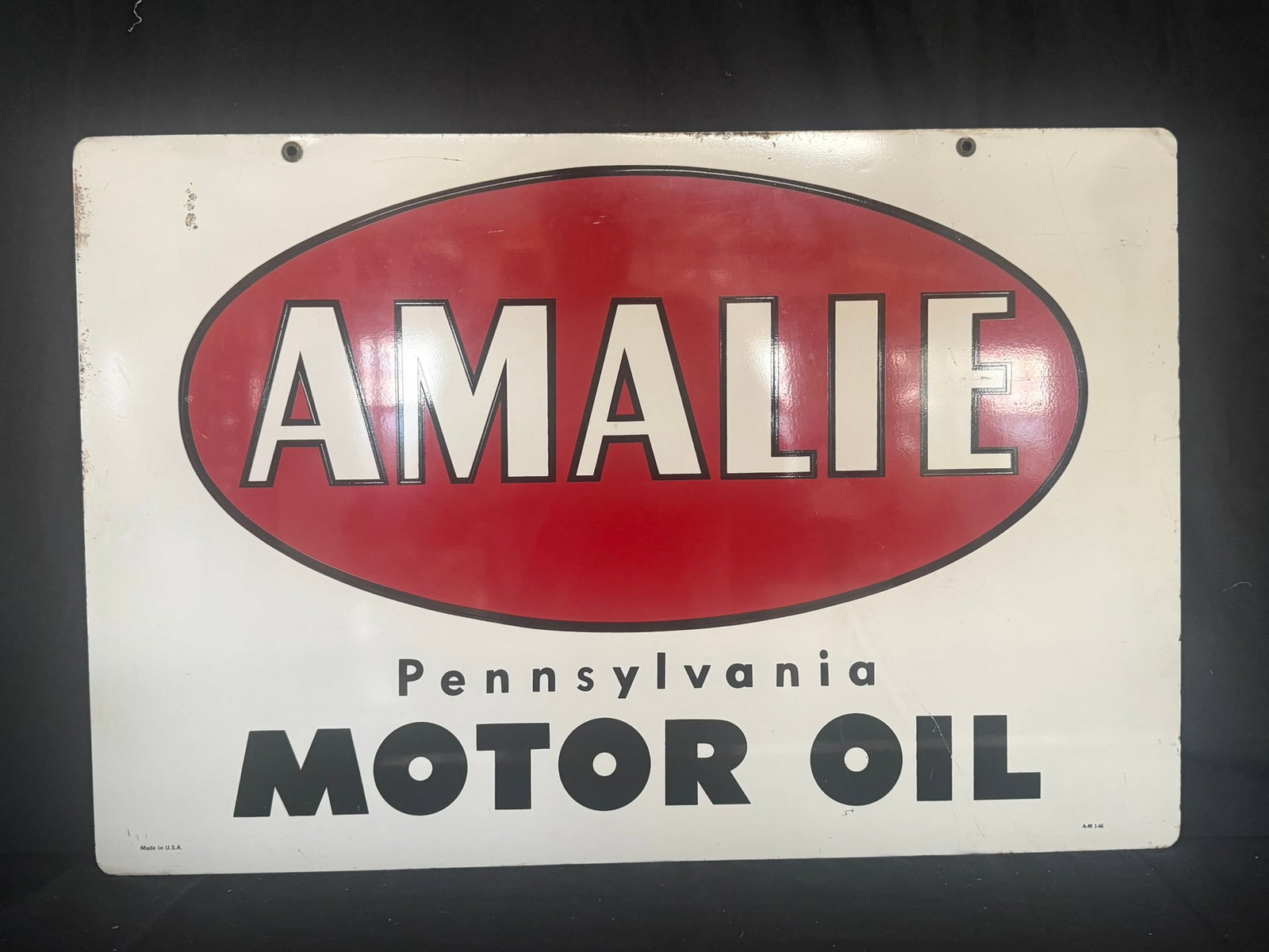 Amalie Motor Oil DST Painted Metal Hanging Advertising Sign: Marked A-M 1-66 and measures 30" x 20"