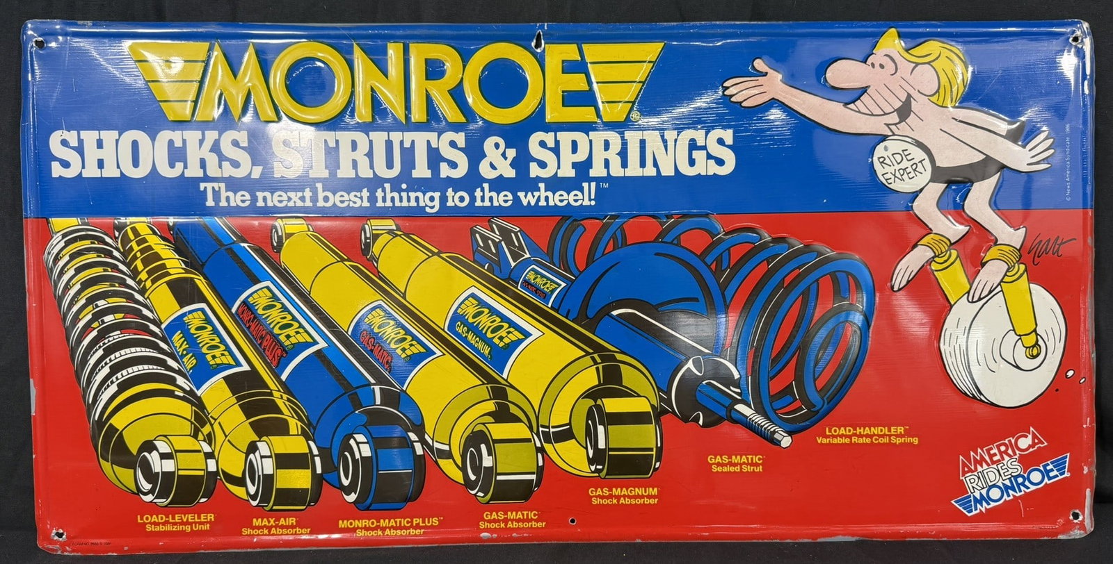 Monroe Shock Strut Springs Embossed Hart Advertising Sign: Measures 36" x 17.5"