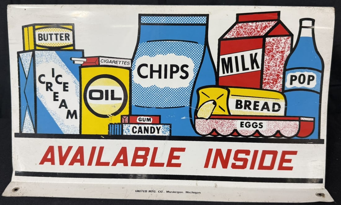 Butter Ice Cream Oil Chips Milk Bread DST Metal Rack Sign: 16" wide x 9" tall x 7" distance at base