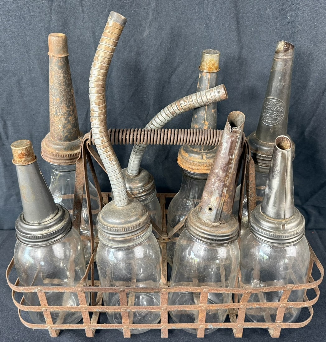 Lot 8 Gas Station Metal Quart Carrier Glass Bottle Spout (1 of 11)