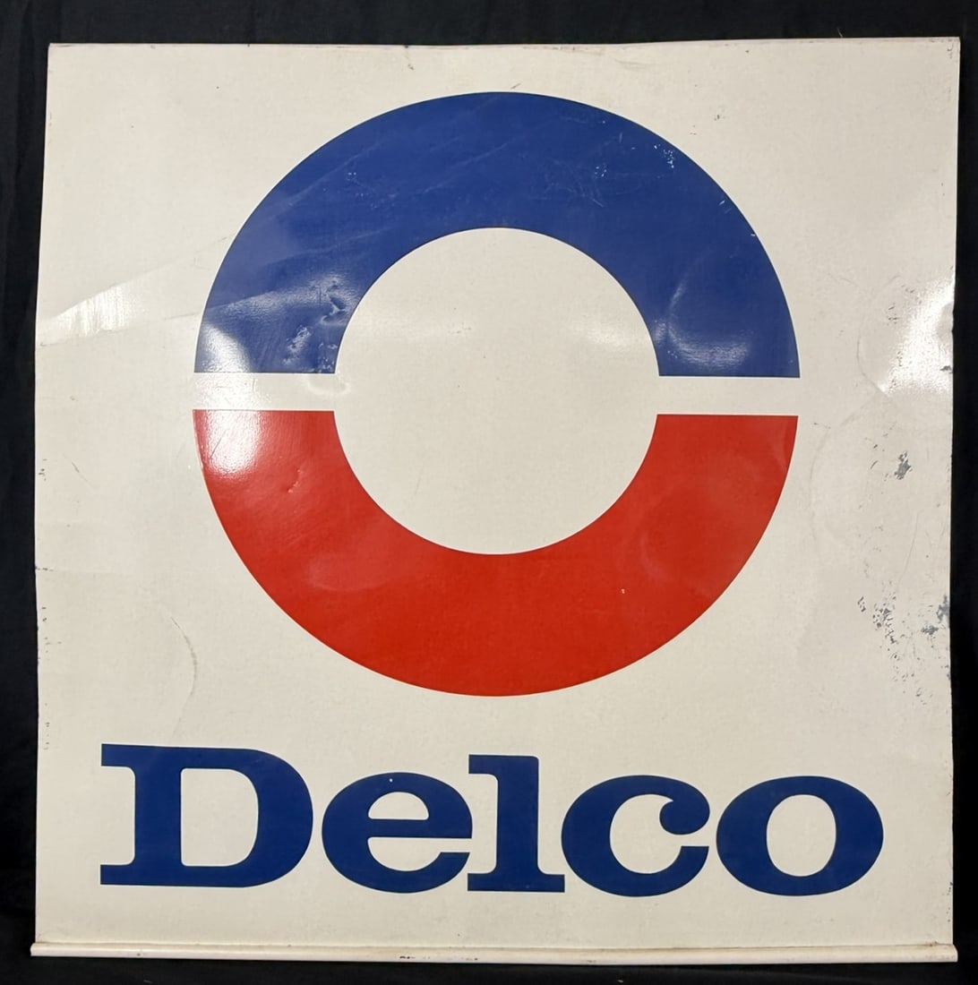 Delco DST Metal Hanging Advertising Service Station Sign: Measures 27.5" x 27.5"