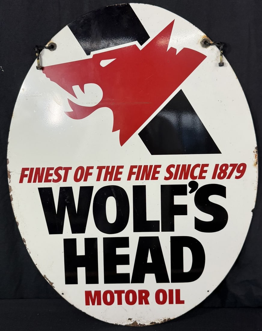 Wolf's Head Motor Oil DST Painted Metal Hanging Sign: Marked A-M 9-75 - 29.5" x 23"