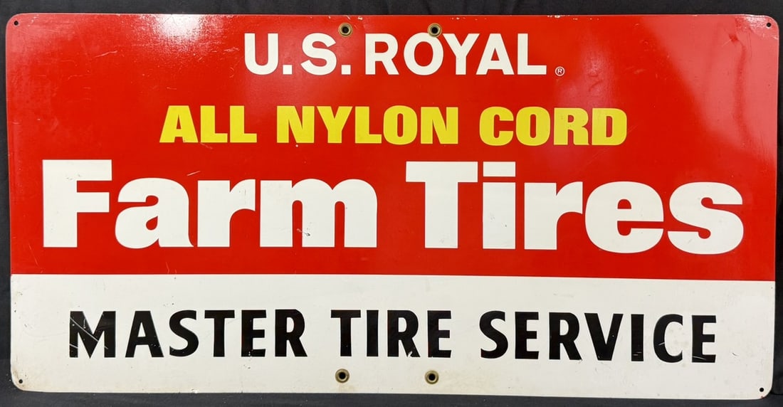 US Royal Farm Tires Master Tire Service Painted Metal Sign: Measures 36" x 18" roughly
