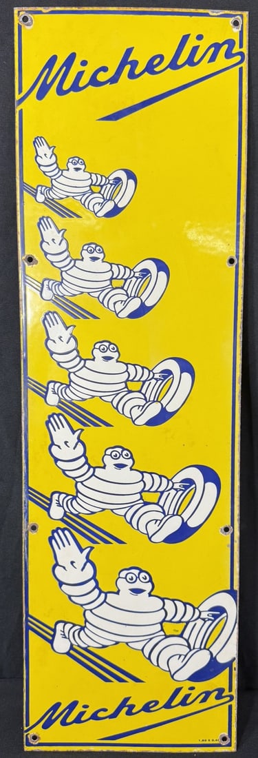 Michelin Tires SSP Porcelain Advertising Sign w/ Bibendum: Marked bottom right as shown. Appears to be a foreign produced sign. Measuring 30" x 9"