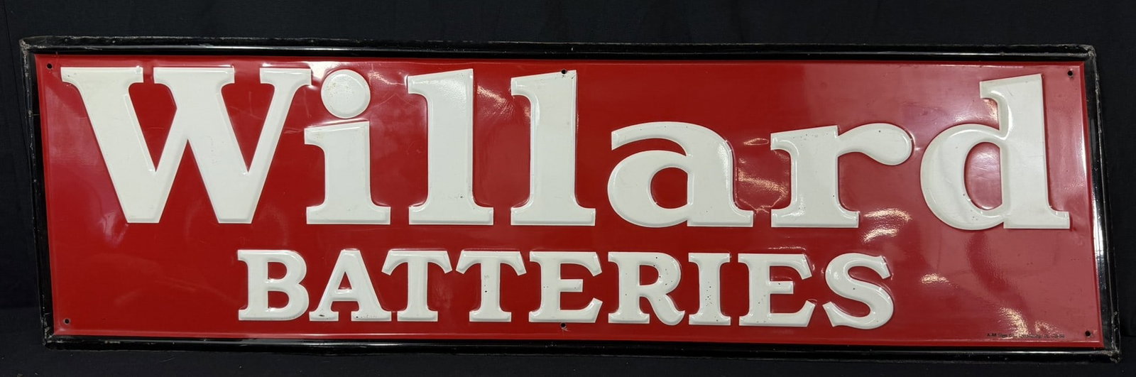 1958 Willard Batteries Embossed Metal Service Station Sign: Marked AM Sign Co Lynchburg VA 10-58 & measures 39" x 12"