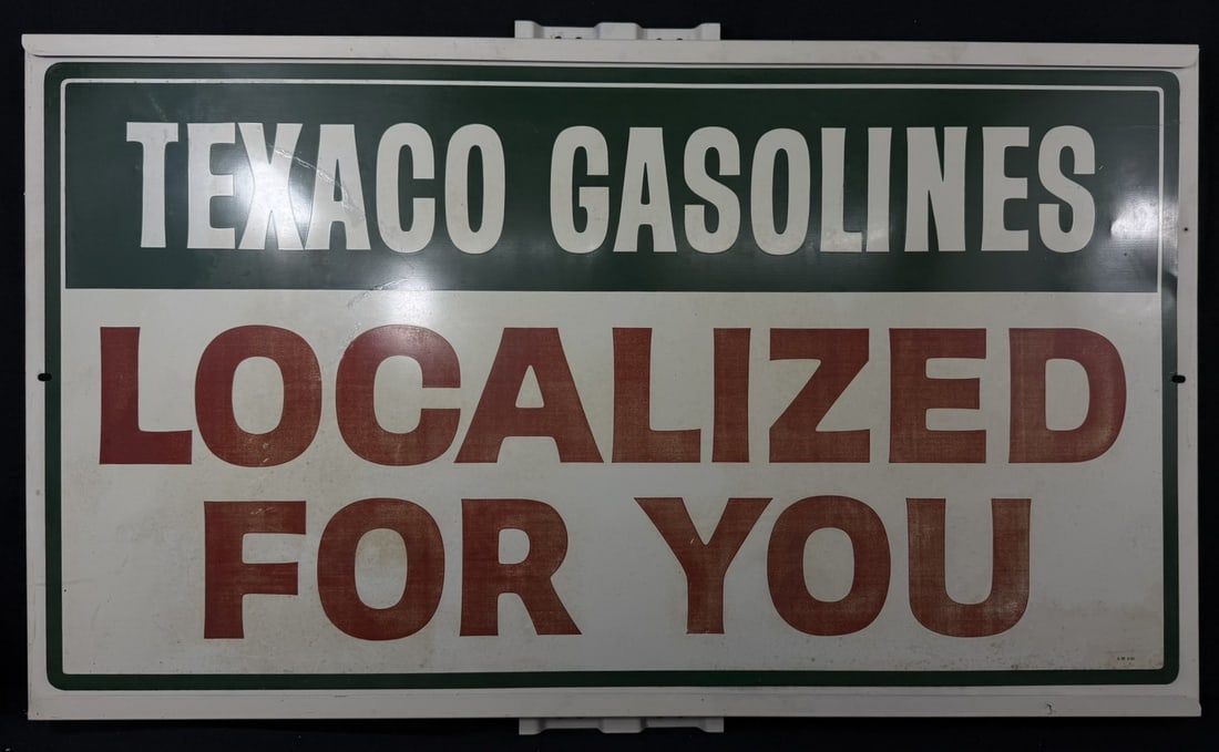 1965 Texaco Gasolines Localized For You SST Self Framed Sign: Marked AM 4-65 - measures 42" wide x 26" tall