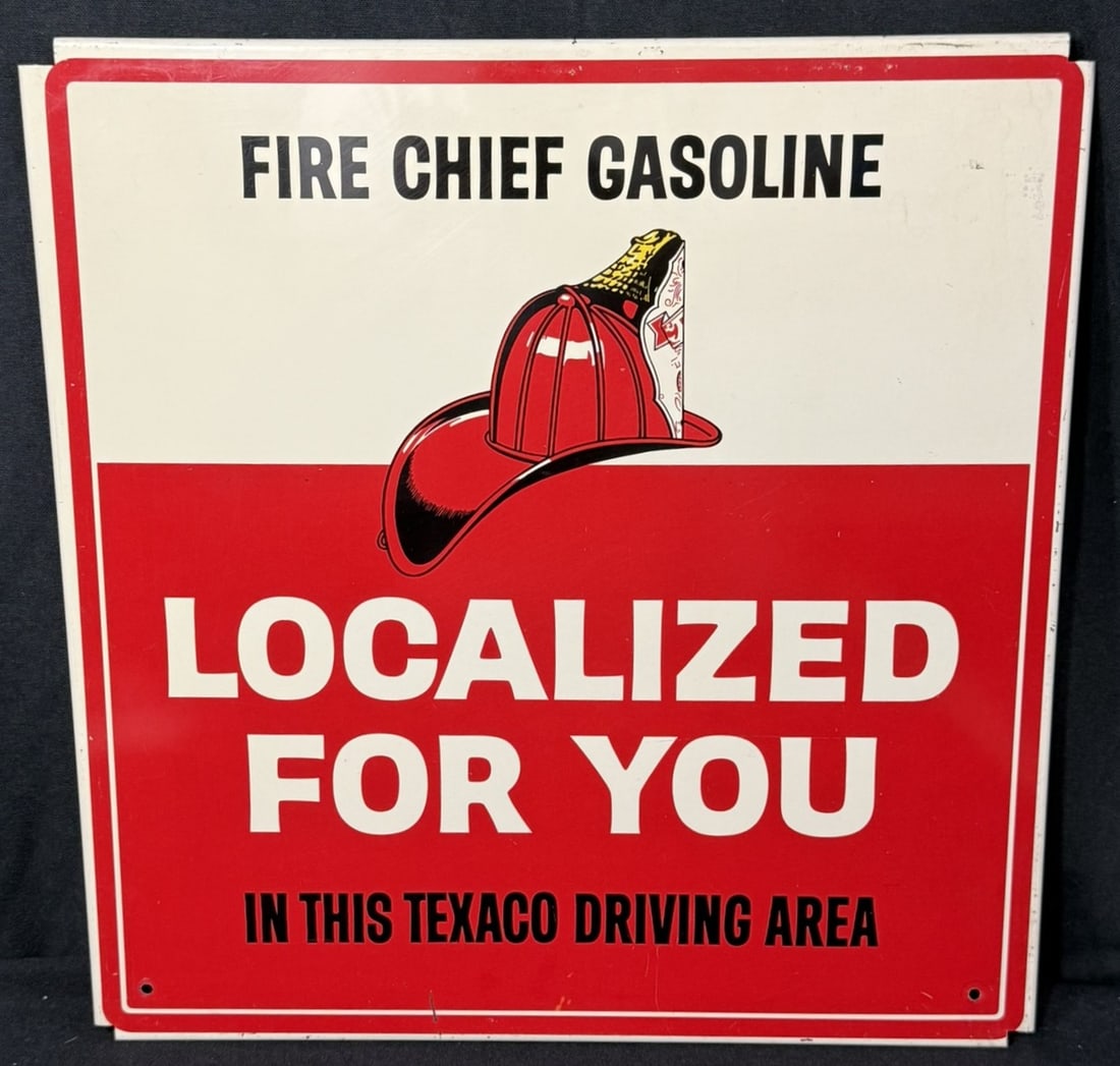 Texaco Driving Fire Chief Gasoline Localized SST Tin Sign: Measures 16" x 15.5"