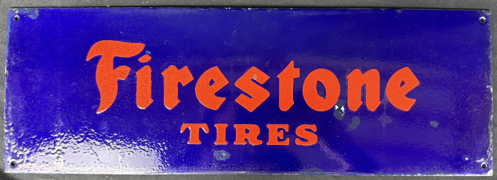 Firestone Tires SSP Embossed Porcelain 20" Advertising Sign: 19.75" x 6.75"