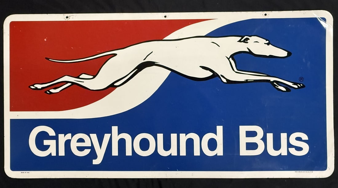Greyhound Bus Station DST Tin Painted Metal Hanging 4' Sign: Marked Grace Comm Inc Earth City MO 11-85 - measures 48" x 24"