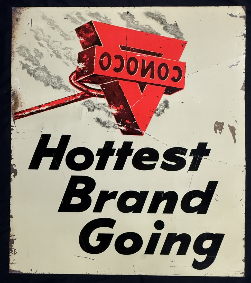 Conoco Hottest Brand Going Oil-Plate Super Motor DST Sign: Measures 31.5" wide x 36" tall - see all photos - extremely rare and hard to find conoco sign.