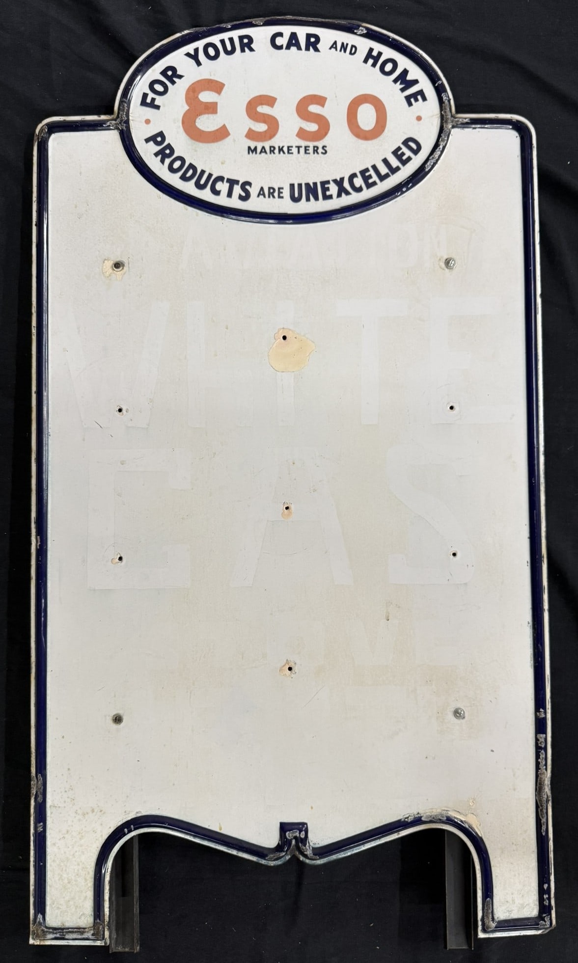 ESSO For Your Car SSP Porcelain Lubrication Display Rack: Measures 43" tall x 23.75" wide - appears to have had "White Gas" written on it at some point in its life. Original easel back legs attached as shown.
