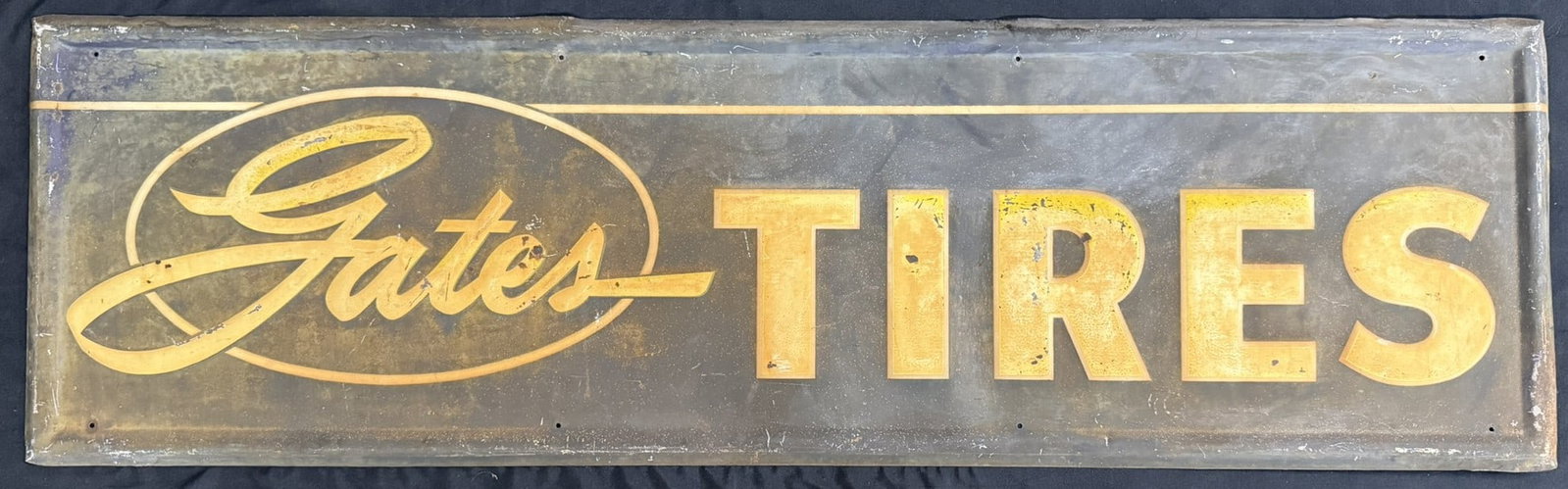 Gates Tires SST Embossed 5' Metal Service Station Sign: Measures 59.5" x 17.75"