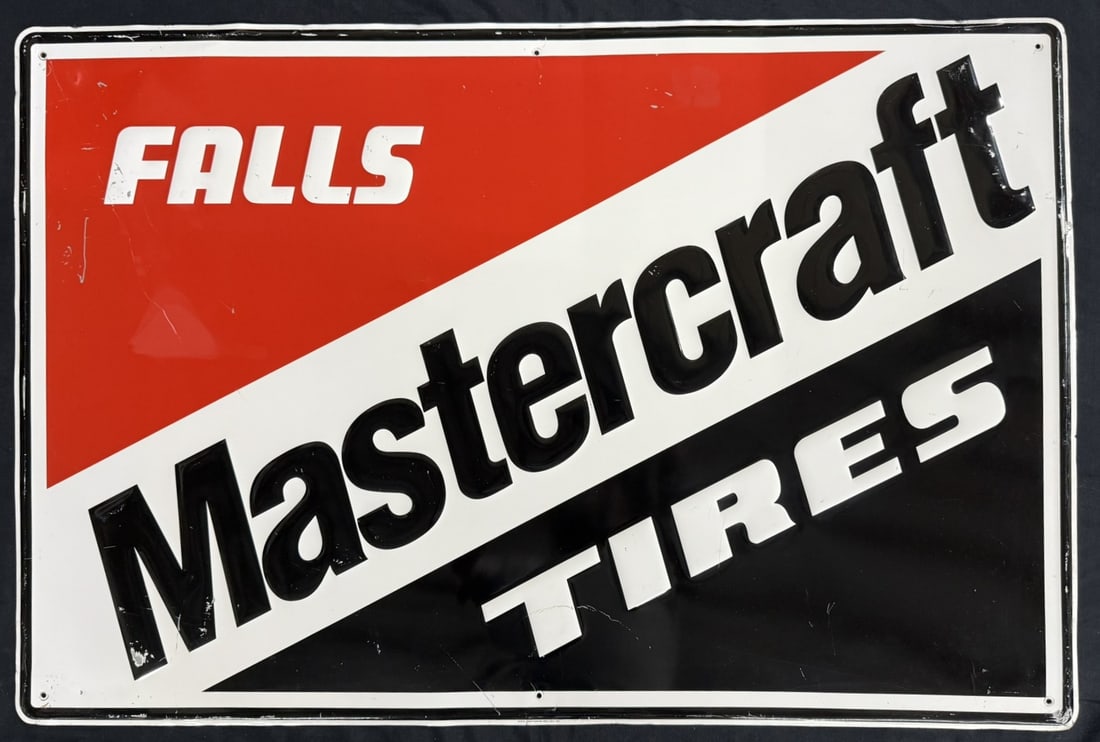 Falls Mastercraft Tires SST Tin Metal Embossed Sign: Measures 29.5" wide x 19.5" tall