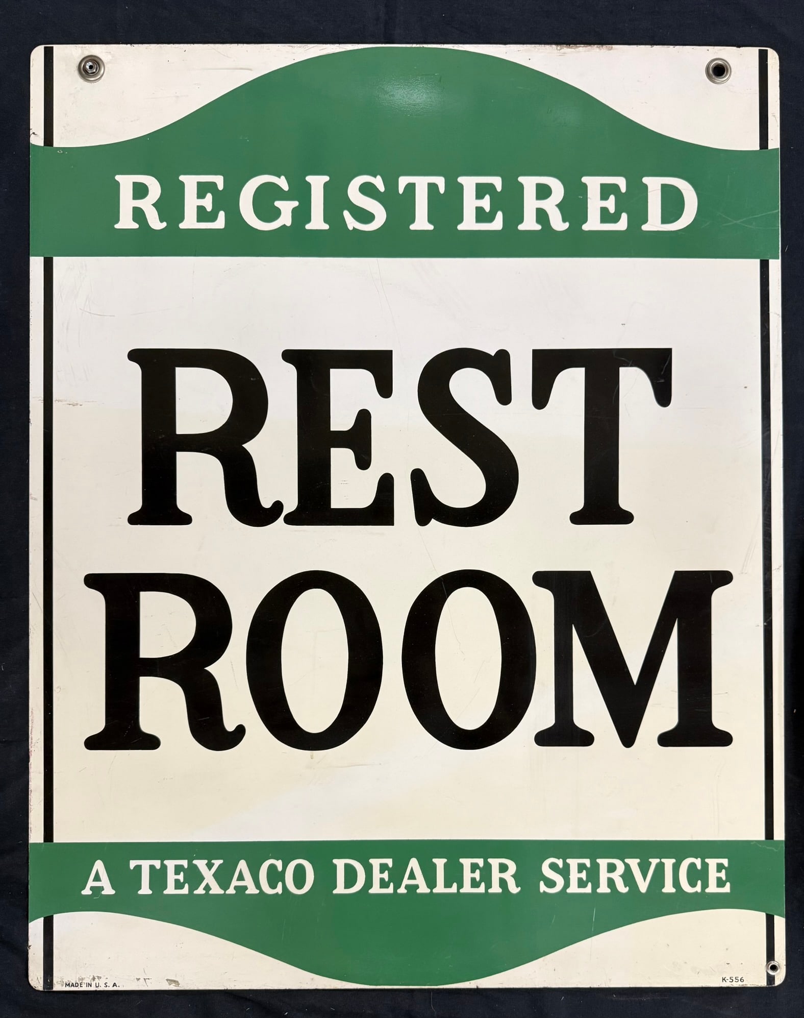 Texaco Rest Room Dealer Service DST Painted Hanging Sign: 37.5" tall x 30" wide - marked Made In USA & K-556