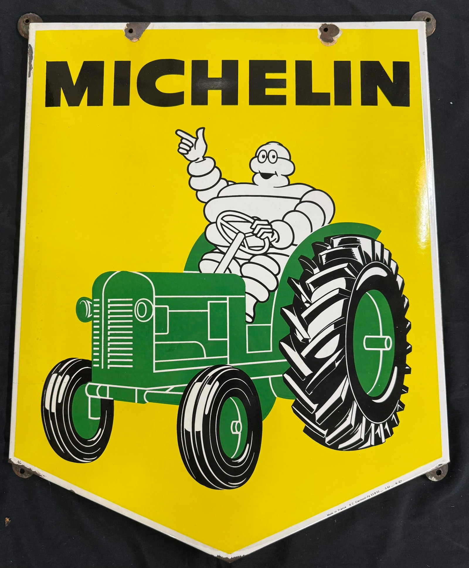 Michelin Tires SSP Porcelain Sign w Bibendum Tractor France: 31.5" tall x 26.5" wide - marked Made In France RC Clermont-Fd. 55B50 _ S.63 _ 4.67 - see all photos - great original gloss. TAC #059039