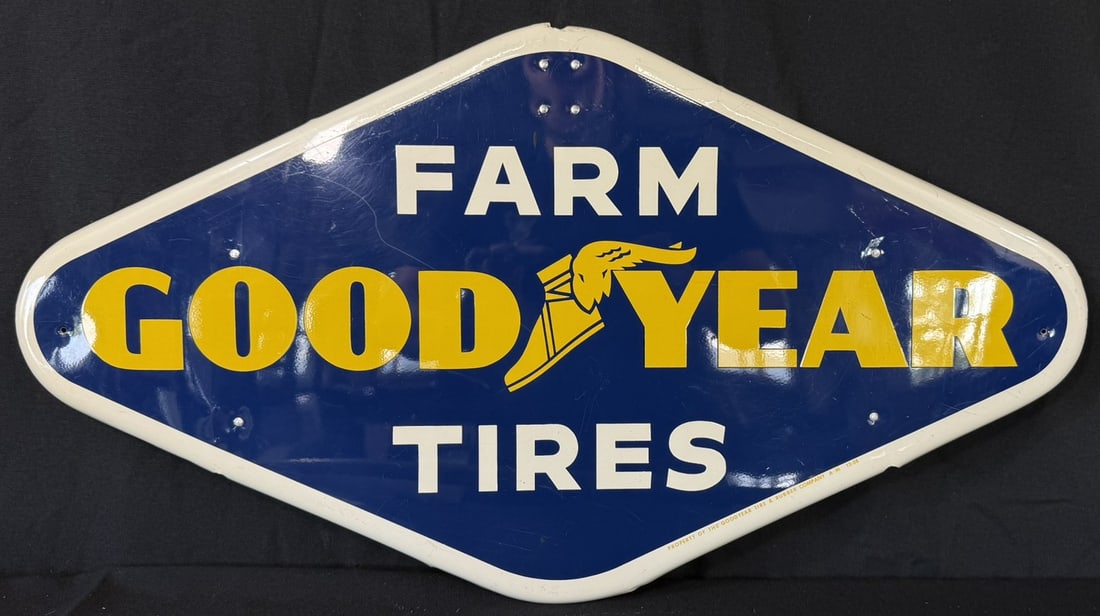 Goodyear Farm Tires SST Embossed Tire Rack Advertising Sign: Measures 28" x 15.5"