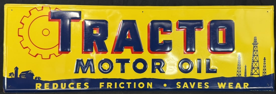 NOS Tracto Motor Oil SST Tin Embossed Gas Station Sign: Marked Stout Sign Co St Louis Mo bottom right - measures 35.5" x 11.5"