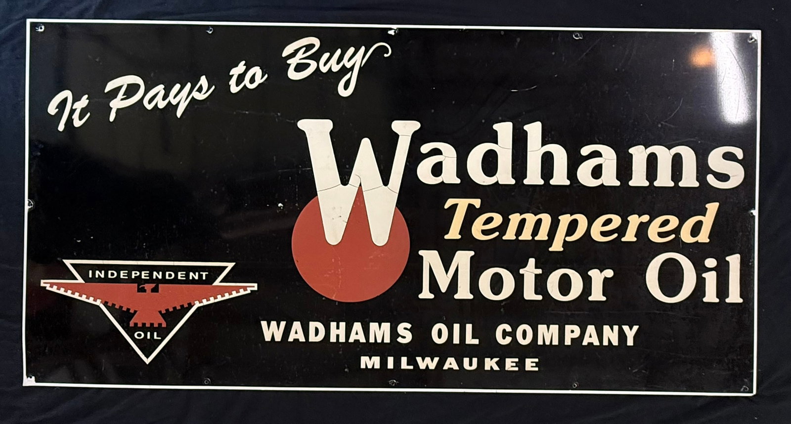 Wadhams Tempered Motor Oil Milwaukee Independent Metal Sign: Measures roughly 6'x3' - appears to be modern metal with applied vinyl decal - overall has a great look and is a wonderful wall filler. See all photos.