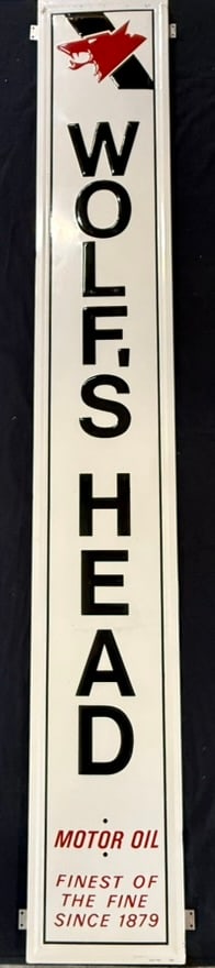 Wolf's Head Motor Oil SST Embossed 6' Self Framed Sign: Measures 82" x 12" - Marked AM 9-76 & "169" - see all photos - excellent condition overall.
