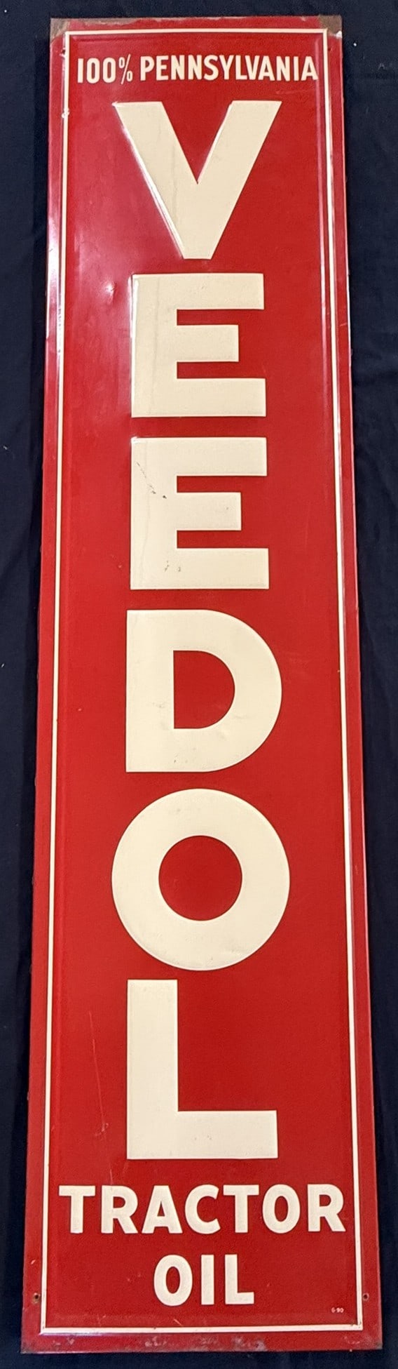 Veedol Tractor Oil SST Embossed Metal Vertical 6' Farm Sign: Nice original self framed Veedol sign. Measures 6' tall x 17.25" wide - see all photos.
