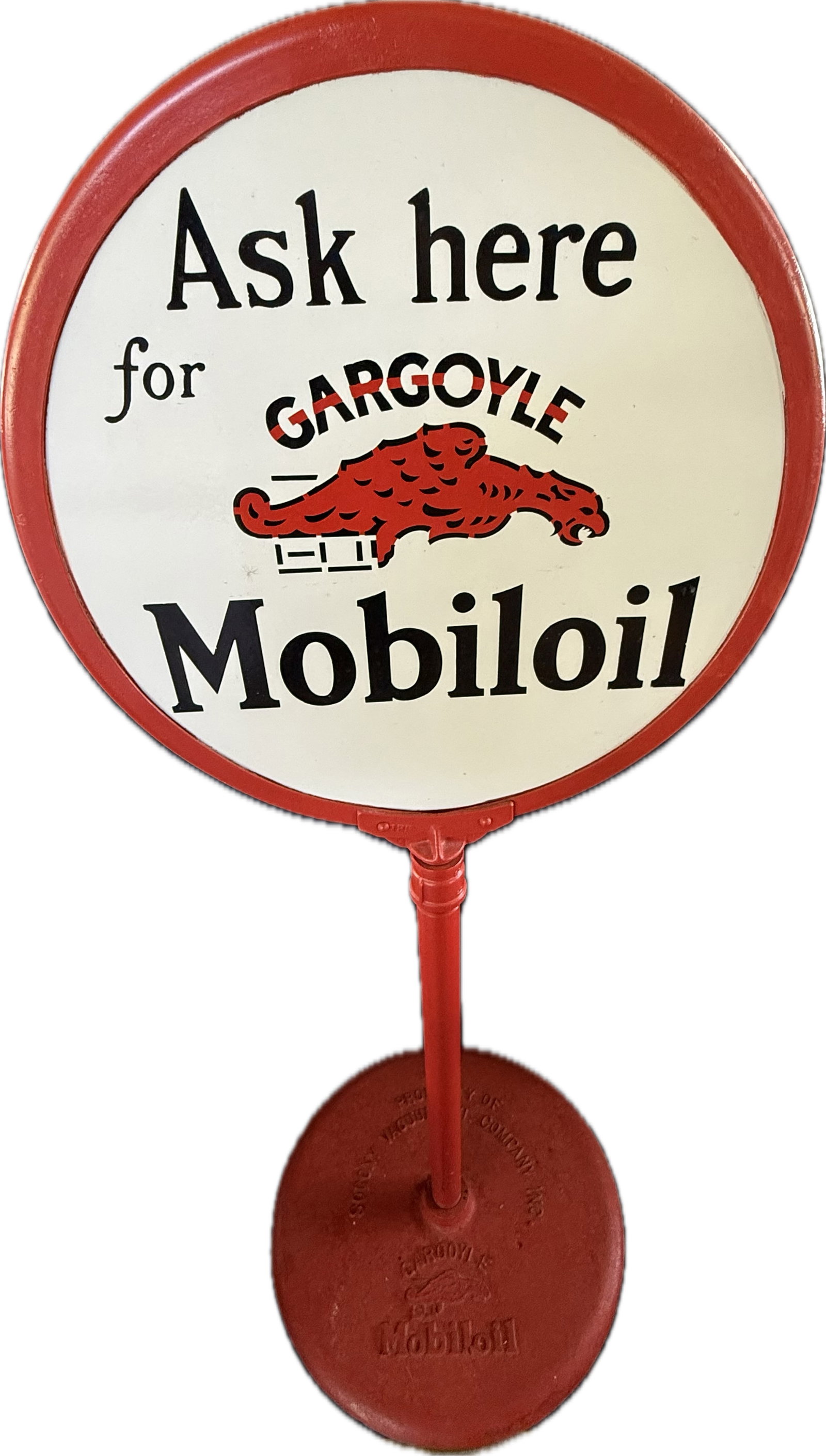 Ask Here Mobiloil Gargoyle Porcelain Curbside Lollipop Sign: Sign is 24" - great original sign. Pole appears repaint. Base appears all original. Only a few noticeable chips. Great overall condition. See all photos.