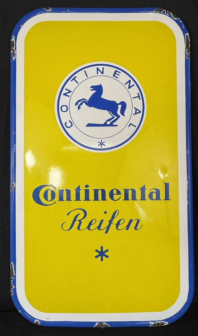 Continental Tires SSP Porcelain European Advertising Sign: Great foreign sign with excellent graphics. Roughly 44" x 30" - great original sign with all mounting brackets still attached.