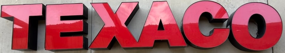 Texaco Gas Station 15' Plastic 5 Piece Lighted Advertising: Great original 15' wide sign. Letters are roughly 31" tall overall - the XA are connected and the rest are individual letters. They lit up when they were stored away; we would recommend rewiring for L