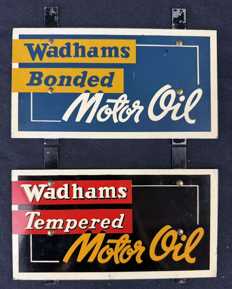 2 Wadhams Bonded Tempered Motor Oil Quart Bottle Rack Sign: Roughly 7.5" x 4"