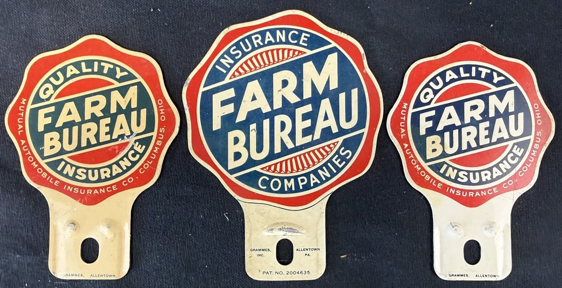 3 Farm Bureau Quality Insurance Metal License Plater Topper: All marked Grammes Allentown.