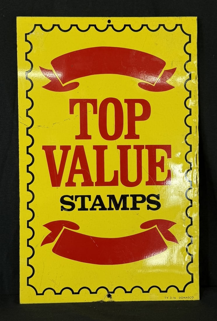 Top Value Stamps DST Painted Metal 1960s Advertising Sign: 18" x 11"