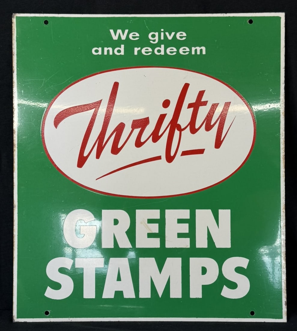 Thrifty Green Stamps DST Painted Metal 60s Advertising Sign: 16" wide x 18" tall